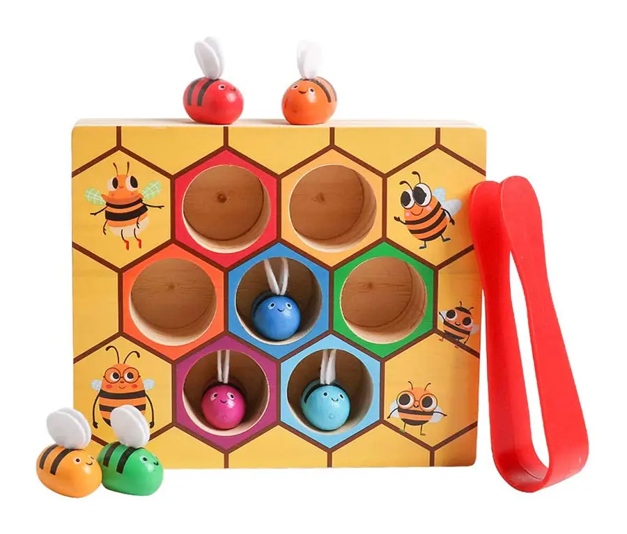 JCREN Montessori Wooden Toys for Toddlers,Fine Motor Skill Clamp Bee to Hive Matching Game Color Sorting Puzzles Preschool Learning Educational Developmental Gift for Boys Girls Babies