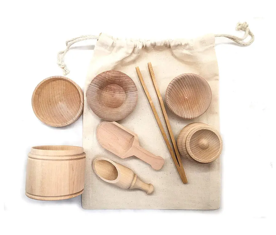 Wooden Scoops and Tongs for Transfer Work and Fine Motor Learning